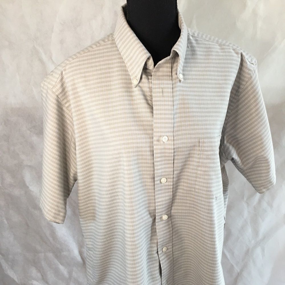 David Taylor button up short sleeve shirt 16 1/2 beige tan light blue